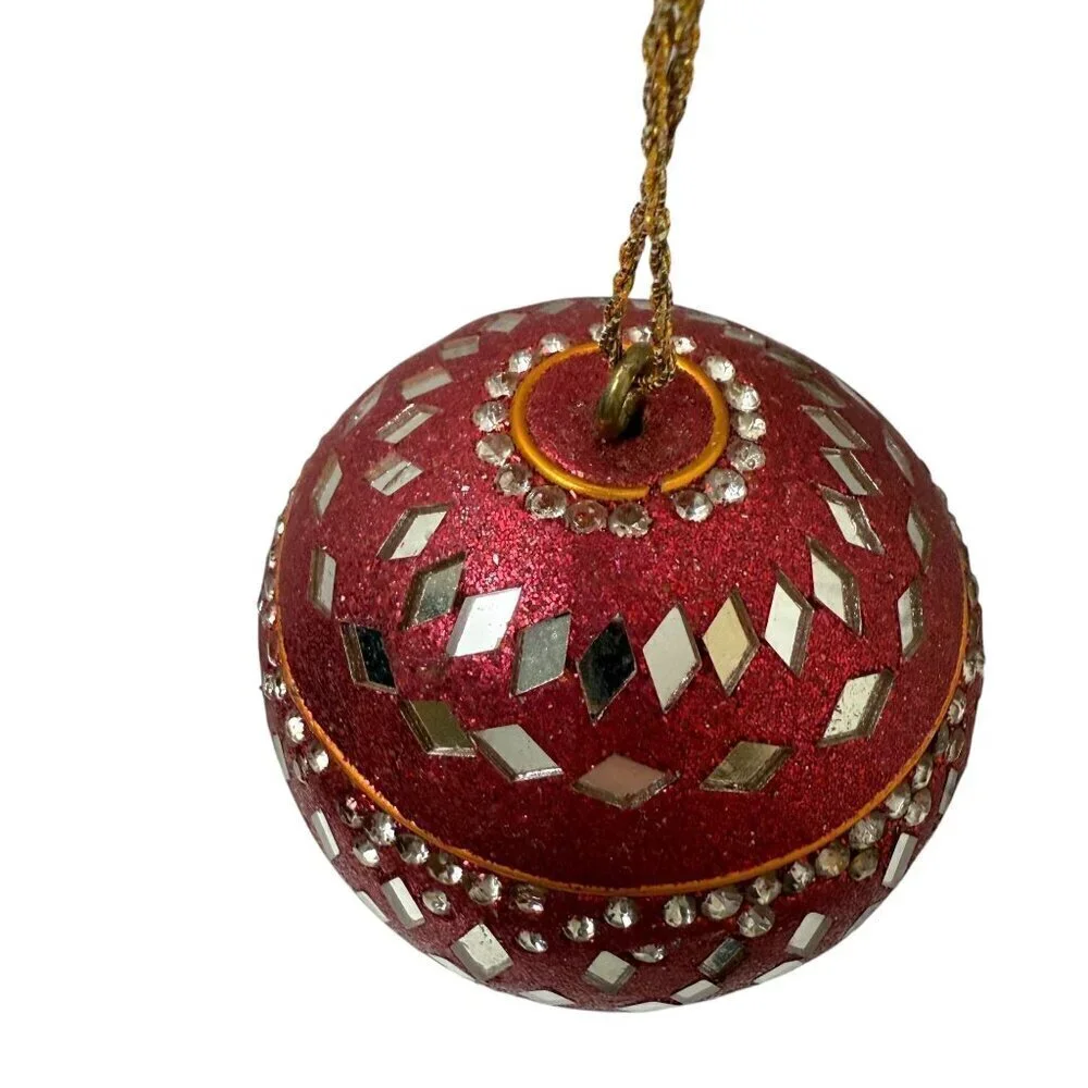 Vintage Indian Beaded Mirror Ball Christmas Ornament Boho Hippie Red Blue Gold